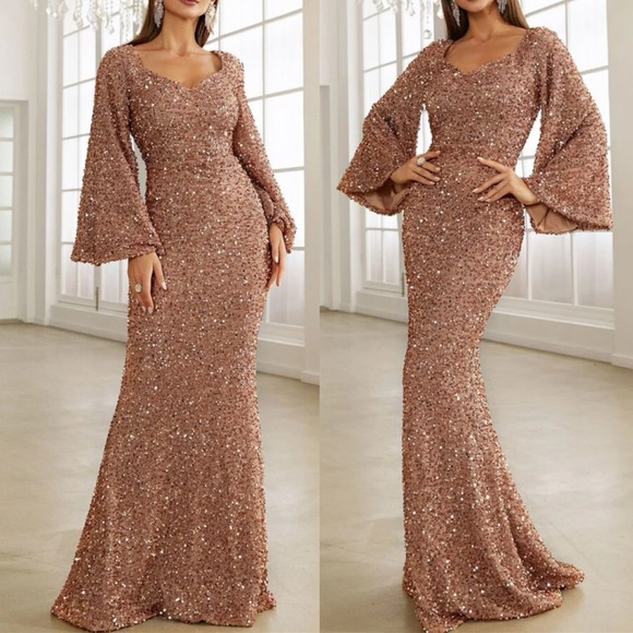 Luxe trumpet sleeve mermaid hem party formal sequins gown dress - Picture 2 of 16
